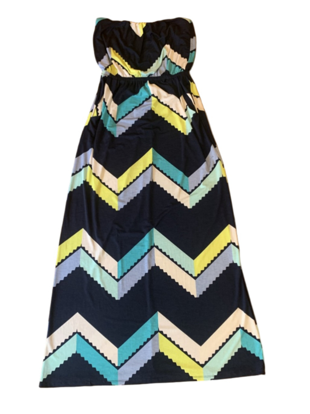 Three Pink Hearts Dress Small Navy Blue with Multi Color Chevron Stripes